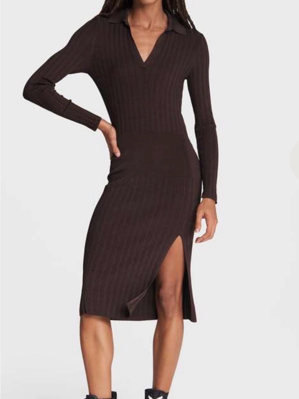 RAG & BONE • Dawson polo dress - brown ribbed long sleeve midi dress - Small